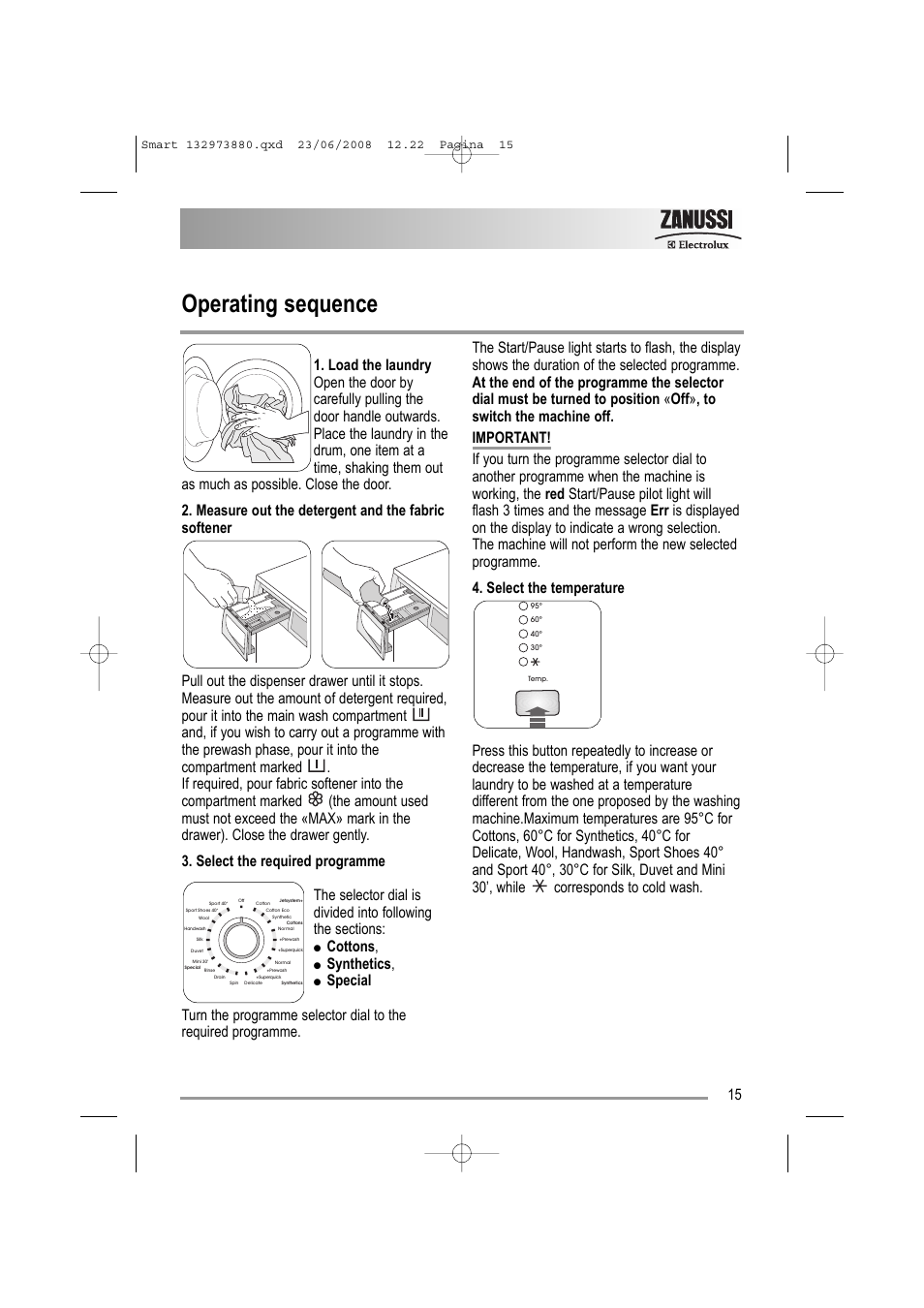 Operating sequence, Cottons, Synthetics | Zanussi ZWF 14581 W User Manual | Page 15 / 36