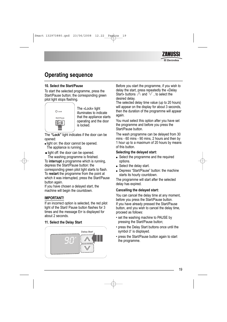 Operating sequence | Zanussi ZWF 14581 W User Manual | Page 19 / 36