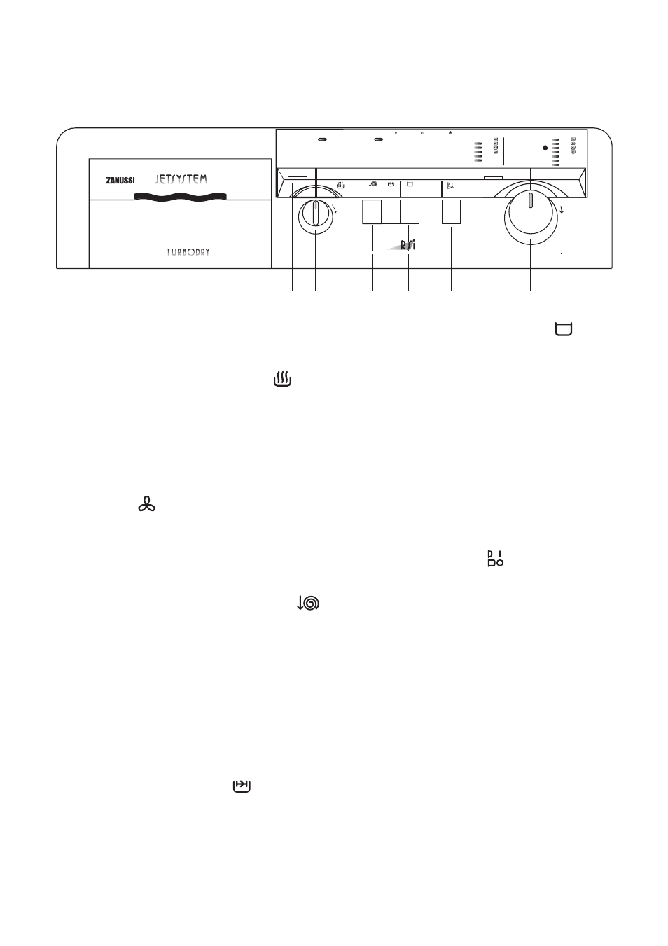 The control panel, 5 rinse hold plus button, 6 on/off button | 7 mains-on light, 8 programme selector dial, 1 drying indicator light, 2 drying time selector dial, 3 spin speed reduction button, 4 quick wash button, Cooling phase | Zanussi WJS 1197 W User Manual | Page 6 / 31