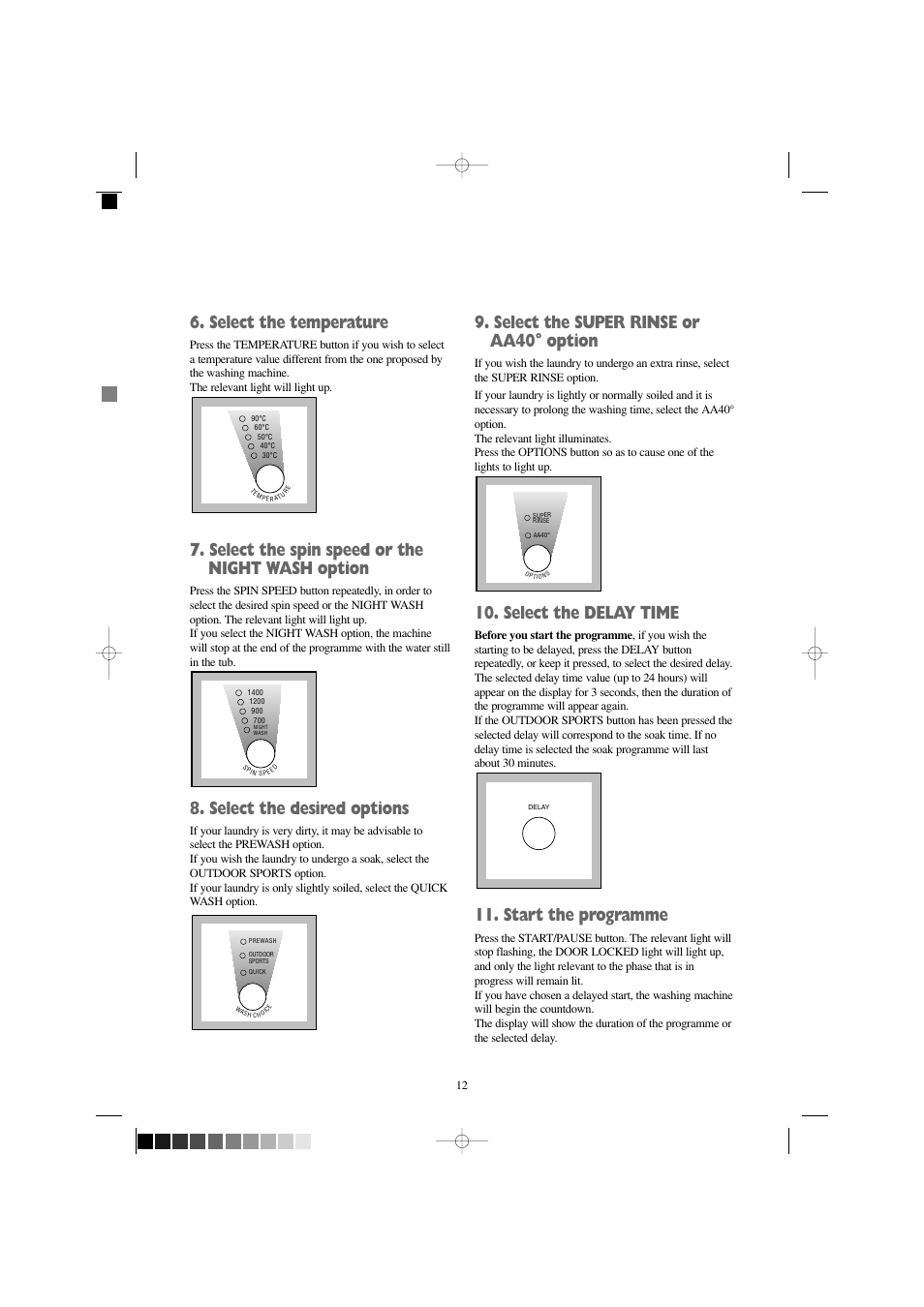 Select the temperature, Select the spin speed or the night wash option, Select the desired options | Select the super rinse or aa40° option, Select the delay time, Start the programme | Zanussi IZ 141 W User Manual | Page 12 / 28
