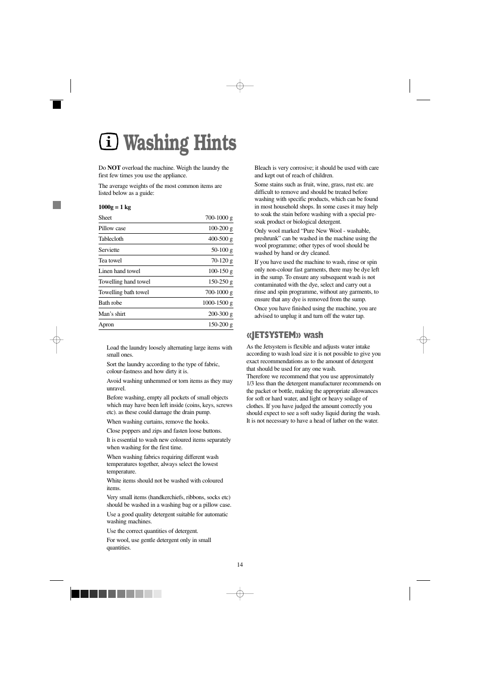 Washing hints, Jetsystem» wash | Zanussi IZ 141 W User Manual | Page 14 / 28