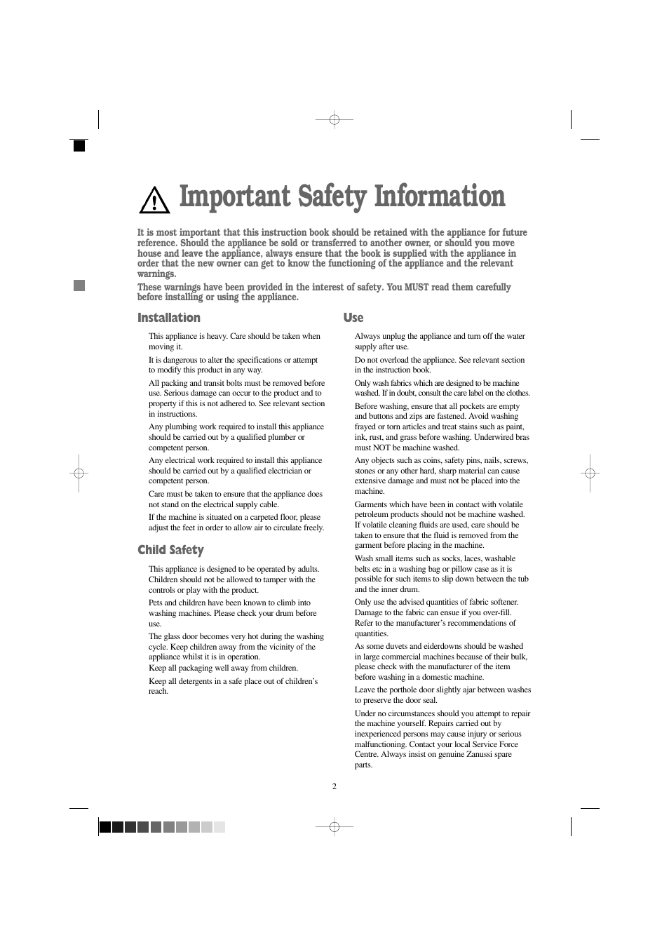 Important safety information, Installation, Child safety | Zanussi IZ 141 W User Manual | Page 2 / 28