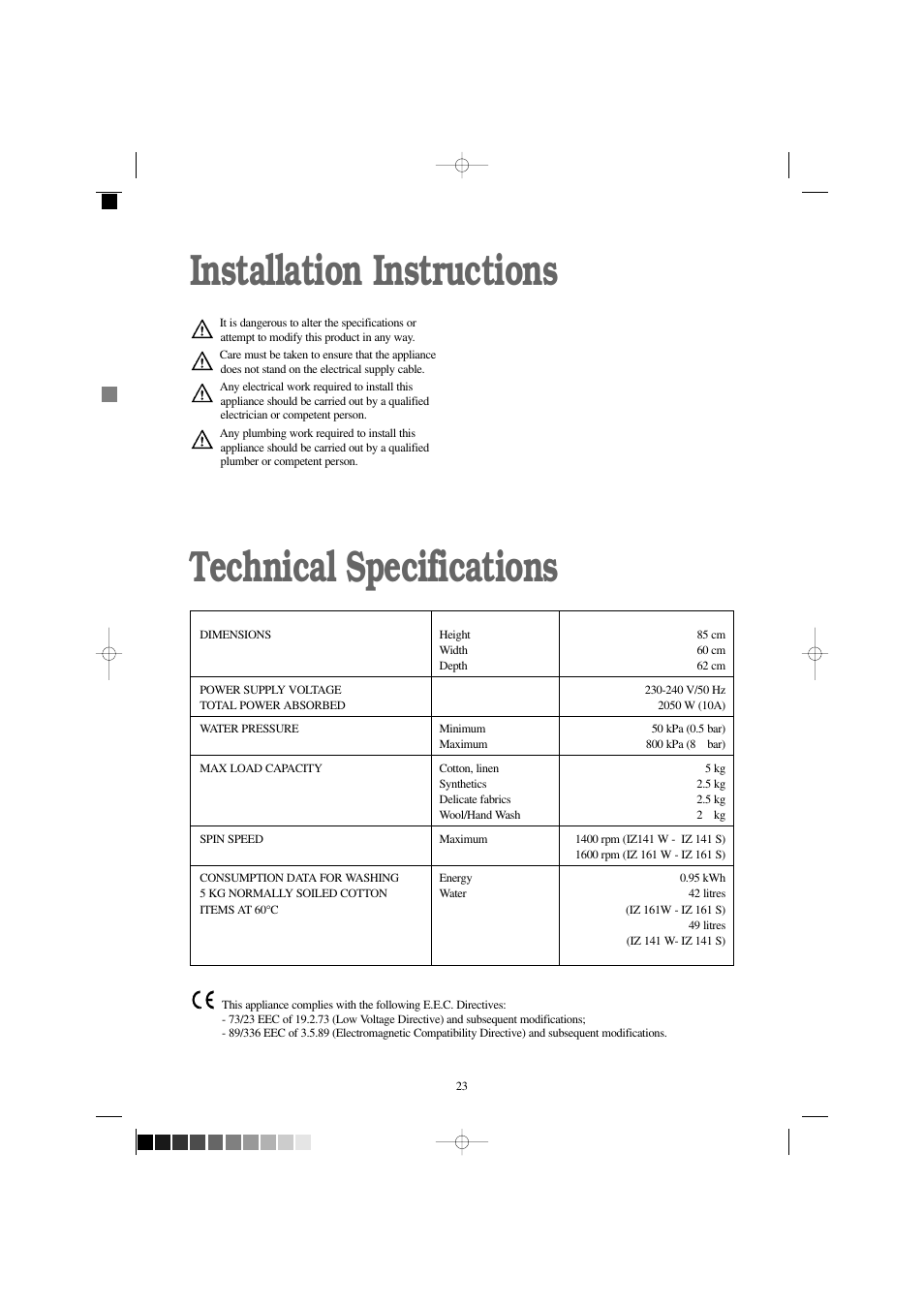 Installation instructions technical specifications | Zanussi IZ 141 W User Manual | Page 23 / 28