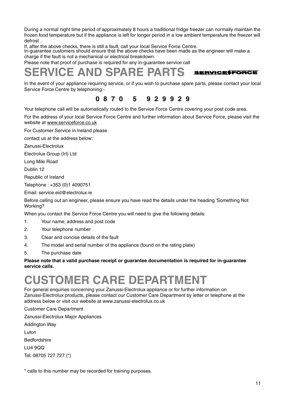 Service and spare parts customer care department | Zanussi ZRB 2825 W User Manual | Page 11 / 20