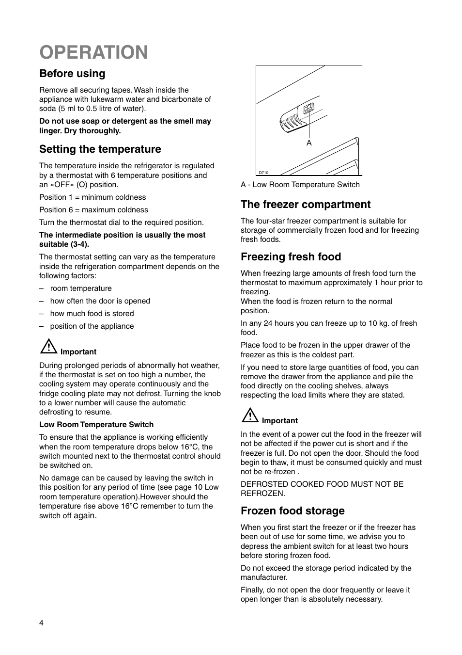 Operation, Before using, Setting the temperature | The freezer compartment, Freezing fresh food, Frozen food storage | Zanussi ZRB 2825 W User Manual | Page 4 / 20