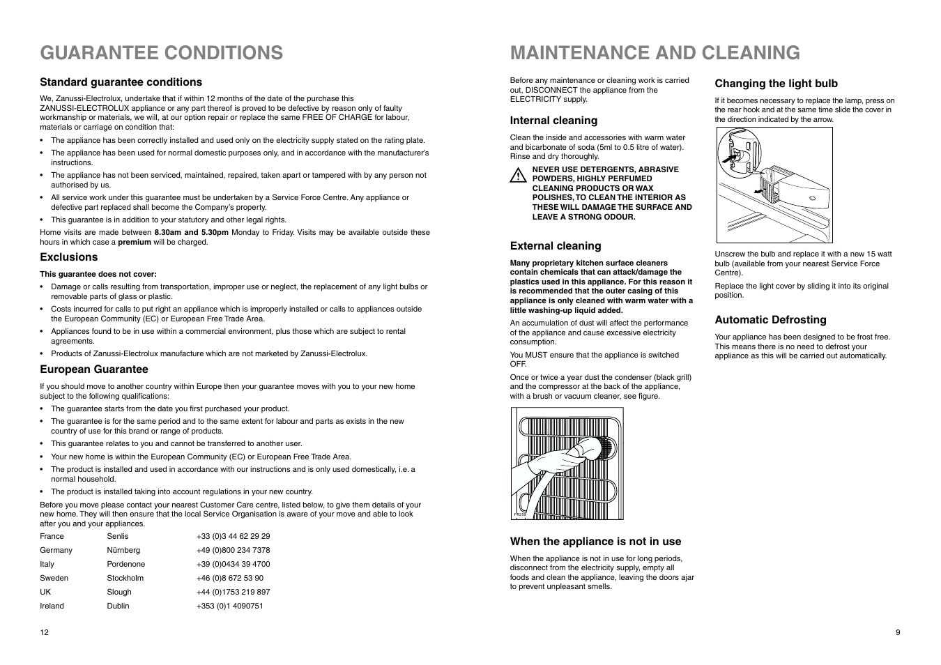 Maintenance and cleaning, Guarantee conditions | Zanussi ZX 57/3 W User Manual | Page 12 / 20