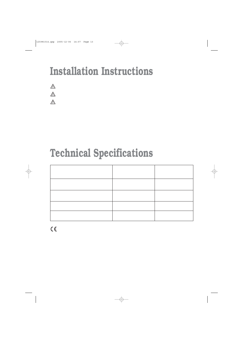 Installation instructions technical specifications | Zanussi TD 4113 W User Manual | Page 13 / 17