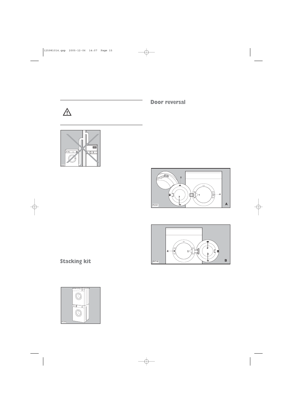 Stacking kit, Door reversal | Zanussi TD 4113 W User Manual | Page 15 / 17