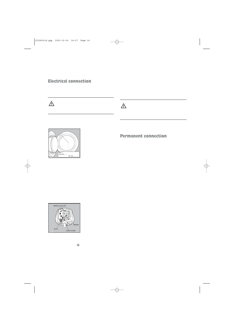 Electrical connection, Permanent connection | Zanussi TD 4113 W User Manual | Page 16 / 17