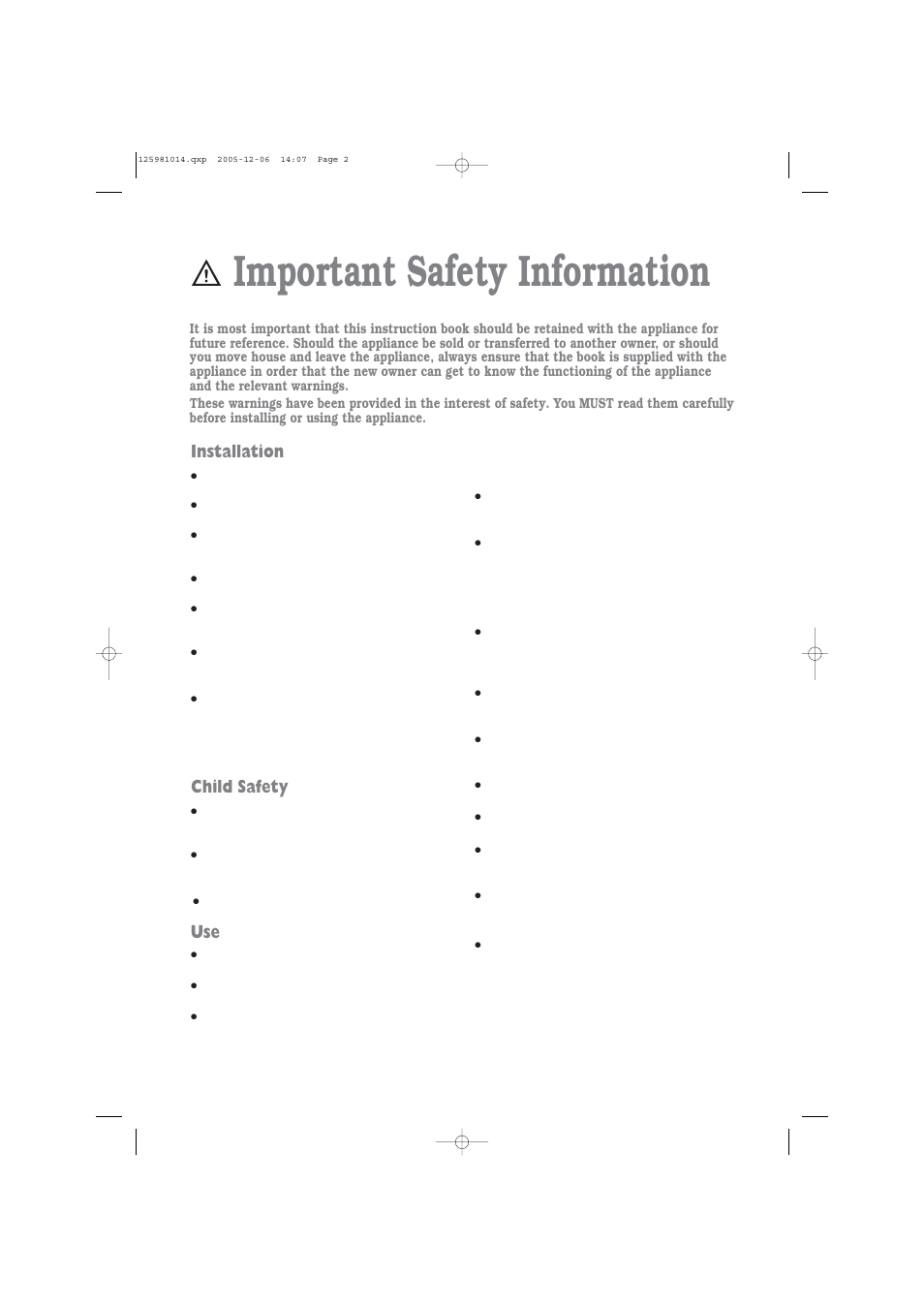 Important safety information, Installation, Child safety | Zanussi TD 4113 W User Manual | Page 2 / 17
