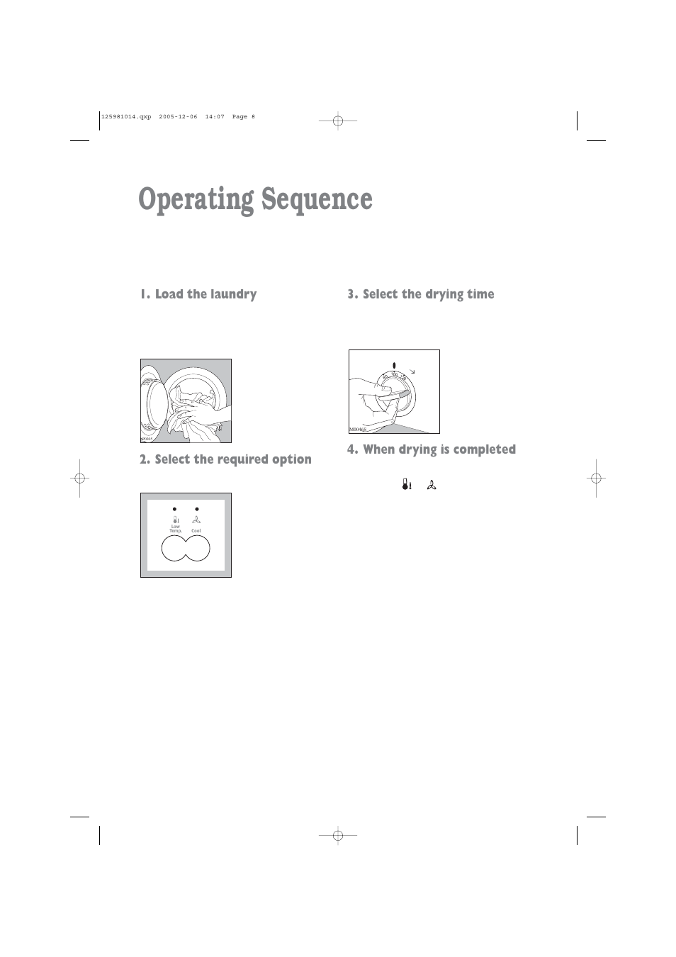 Operating sequence, Load the laundry, Select the required option | Select the drying time, When drying is completed | Zanussi TD 4113 W User Manual | Page 8 / 17