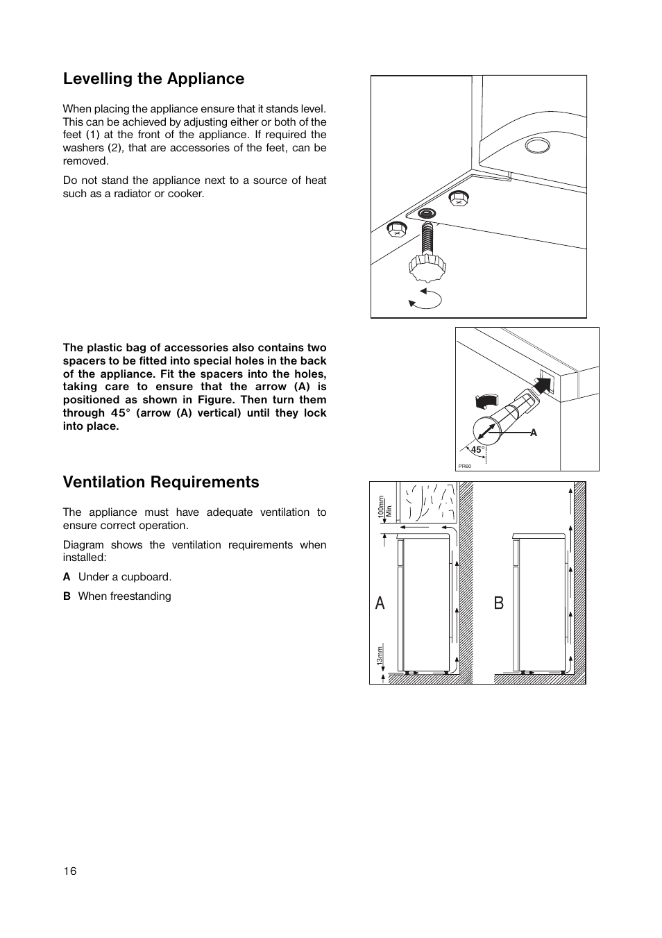 Levelling the appliance, Ventilation requirements | Zanussi ZRD 1843 User Manual | Page 16 / 20