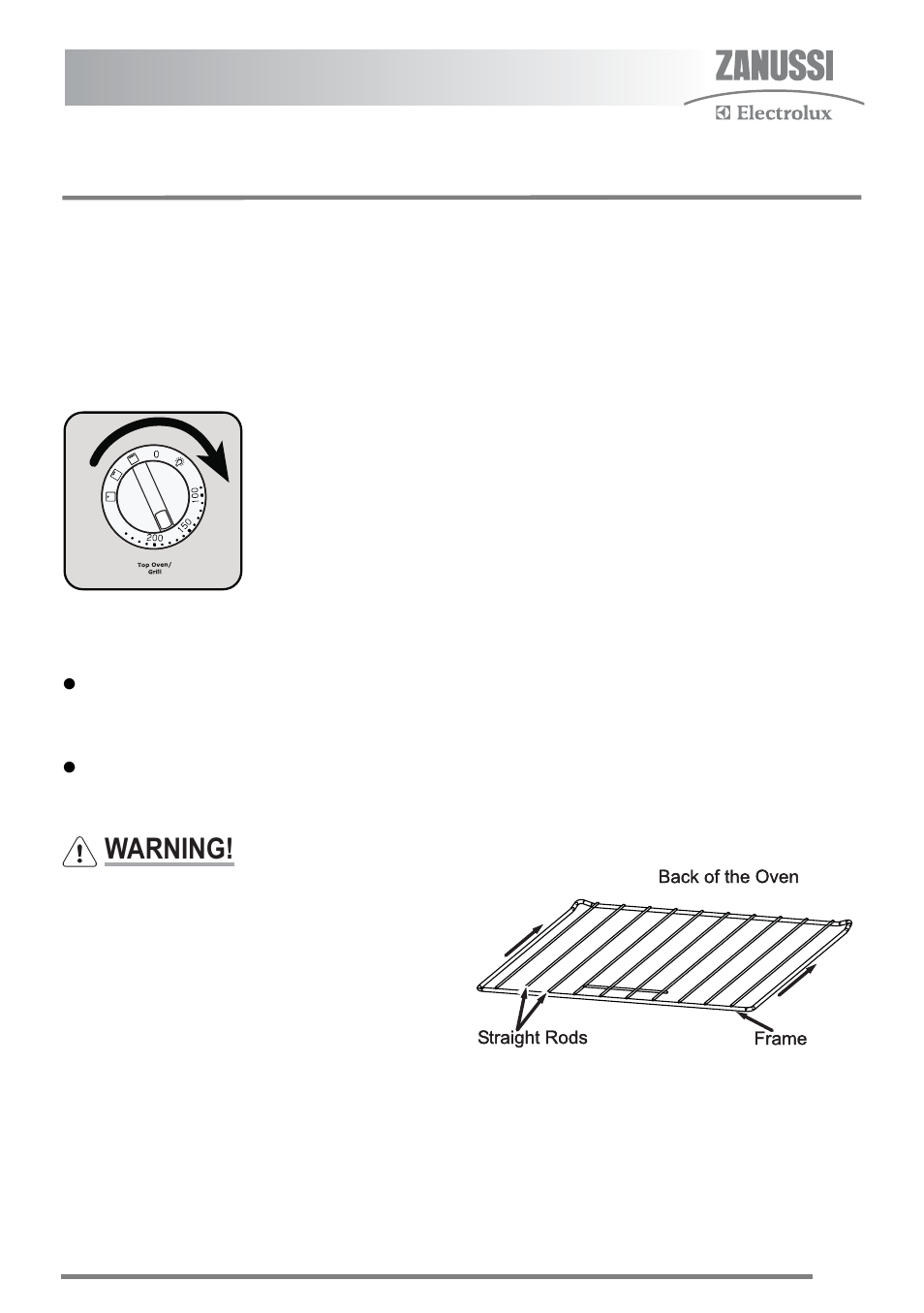 The top oven, Using the top oven, Warning | Zanussi ZKC6040 User Manual | Page 17 / 40