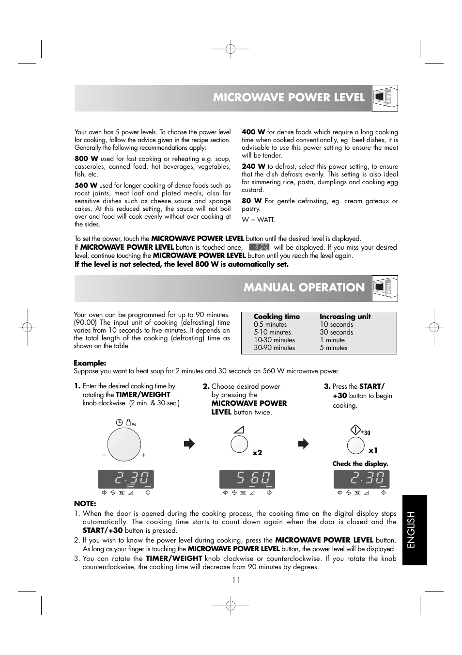 Microwave power level, Manual operation, English | Zanussi ZM176ST User Manual | Page 13 / 39