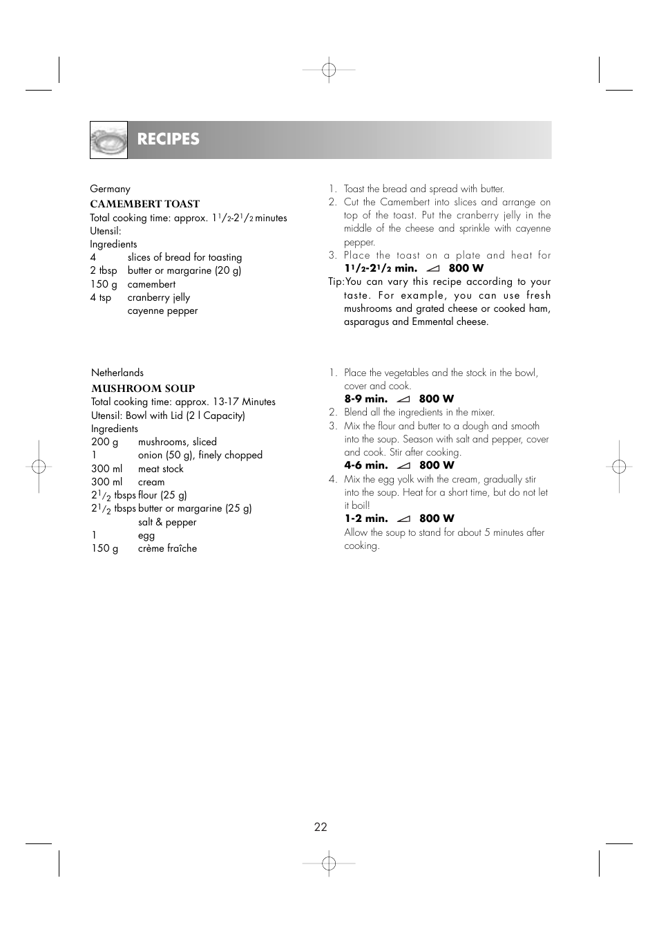 Recipes, Camembert toast, Mushroom soup | Zanussi ZM176ST User Manual | Page 24 / 39