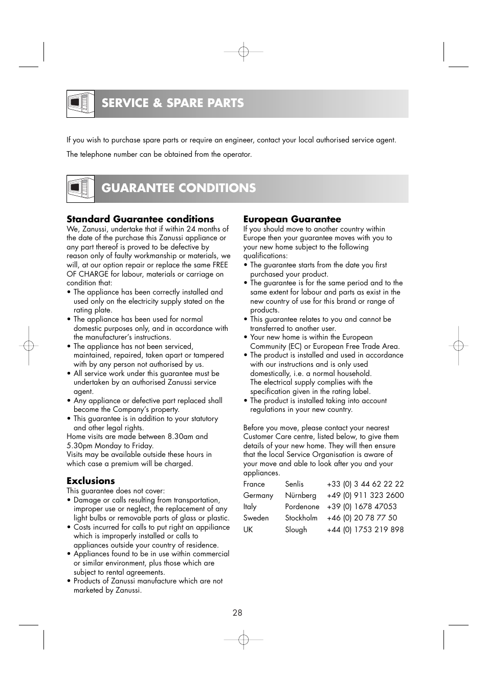 Service & spare parts guarantee conditions | Zanussi ZM176ST User Manual | Page 30 / 39