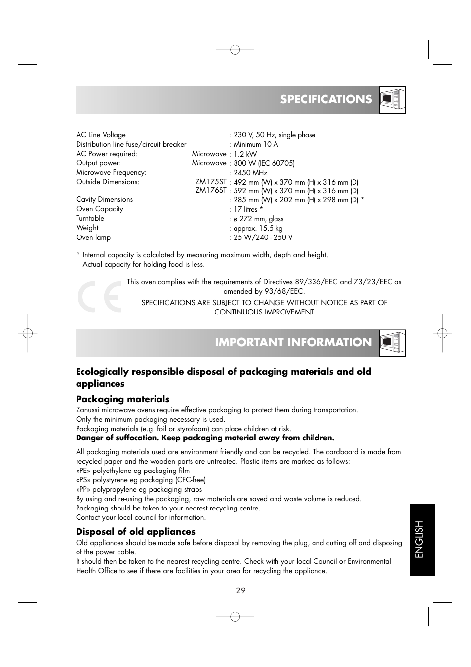 Specifications important information, English | Zanussi ZM176ST User Manual | Page 31 / 39