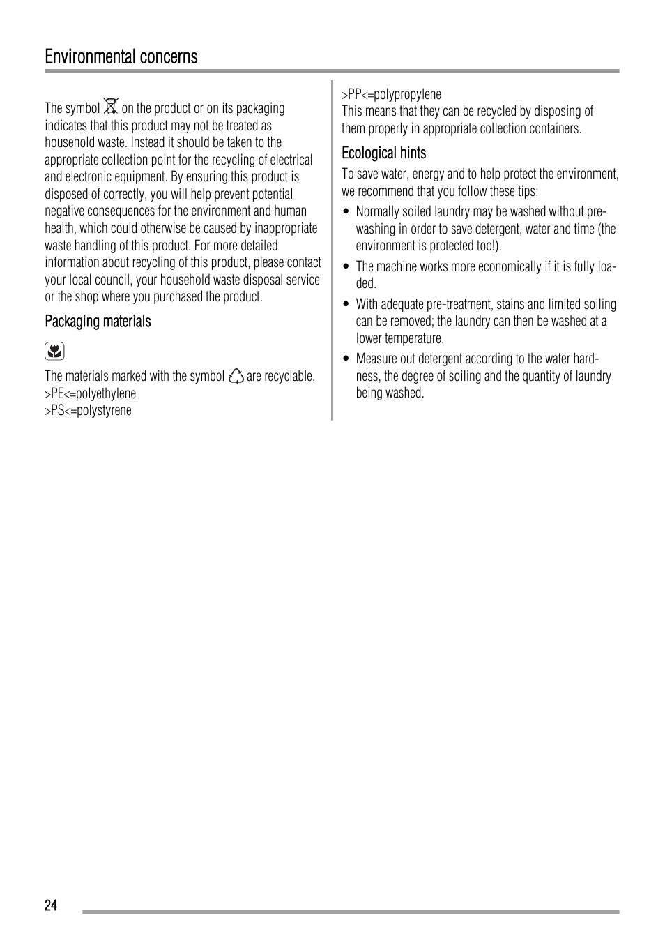 Environmental concerns | Zanussi ZWH 7162 J User Manual | Page 24 / 28