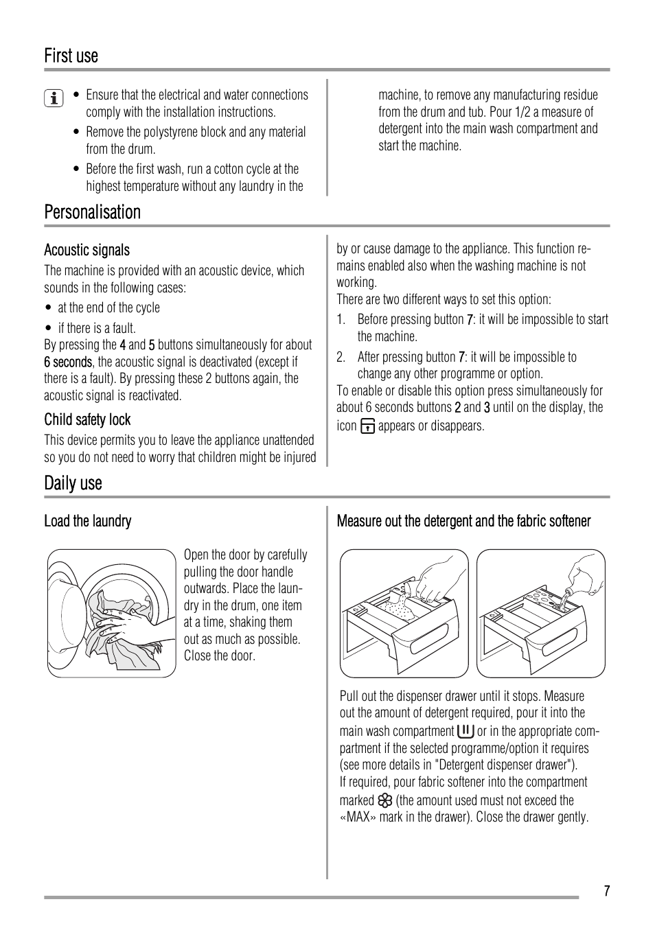 First use, Personalisation, Daily use | Zanussi ZWH 7162 J User Manual | Page 7 / 28