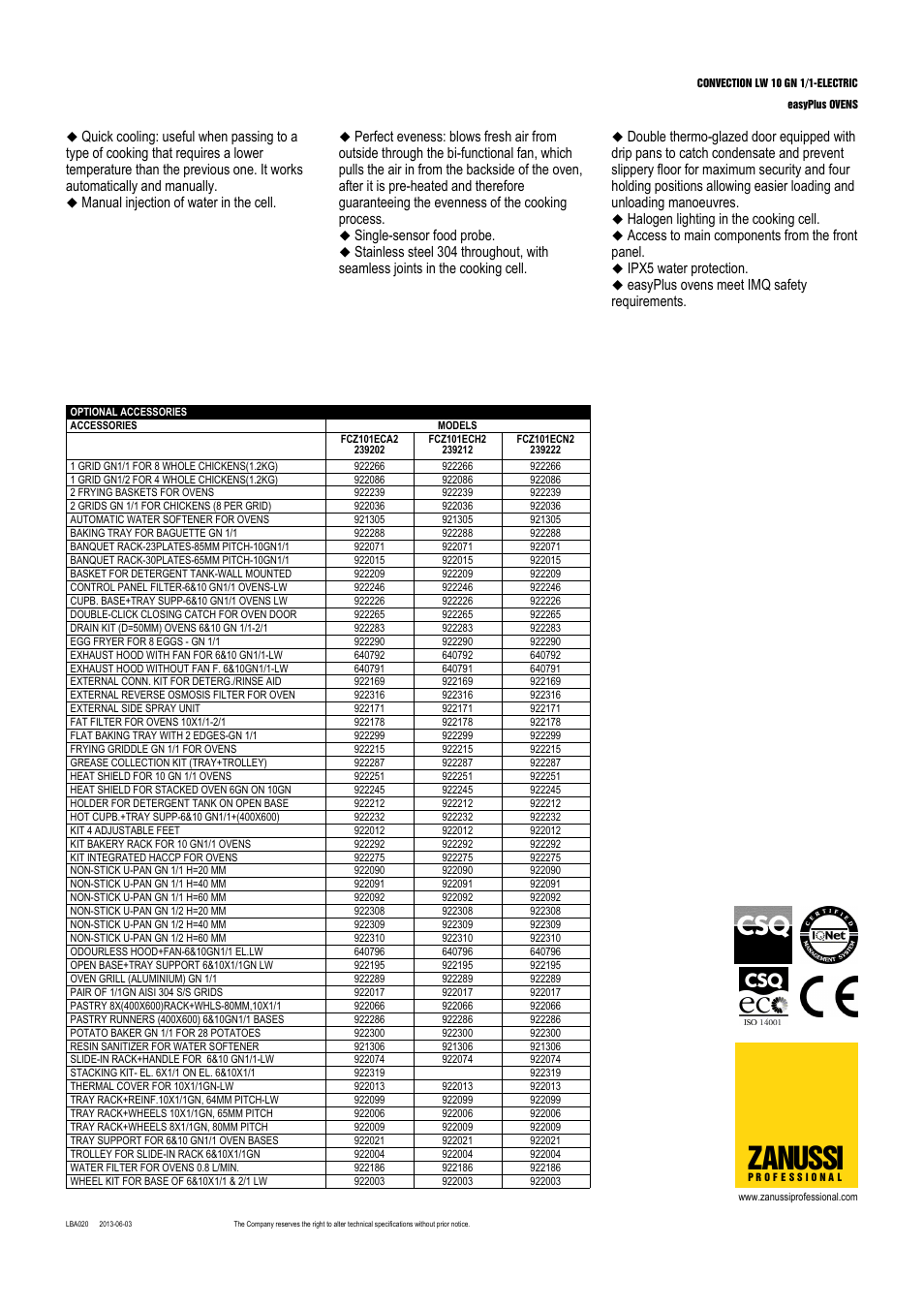 Zanussi, Manual injection of water in the cell, Single-sensor food probe | Halogen lighting in the cooking cell, Access to main components from the front panel, Ipx5 water protection, Easyplus ovens meet imq safety requirements | Zanussi EasyPlus FCZ101ECN User Manual | Page 2 / 3