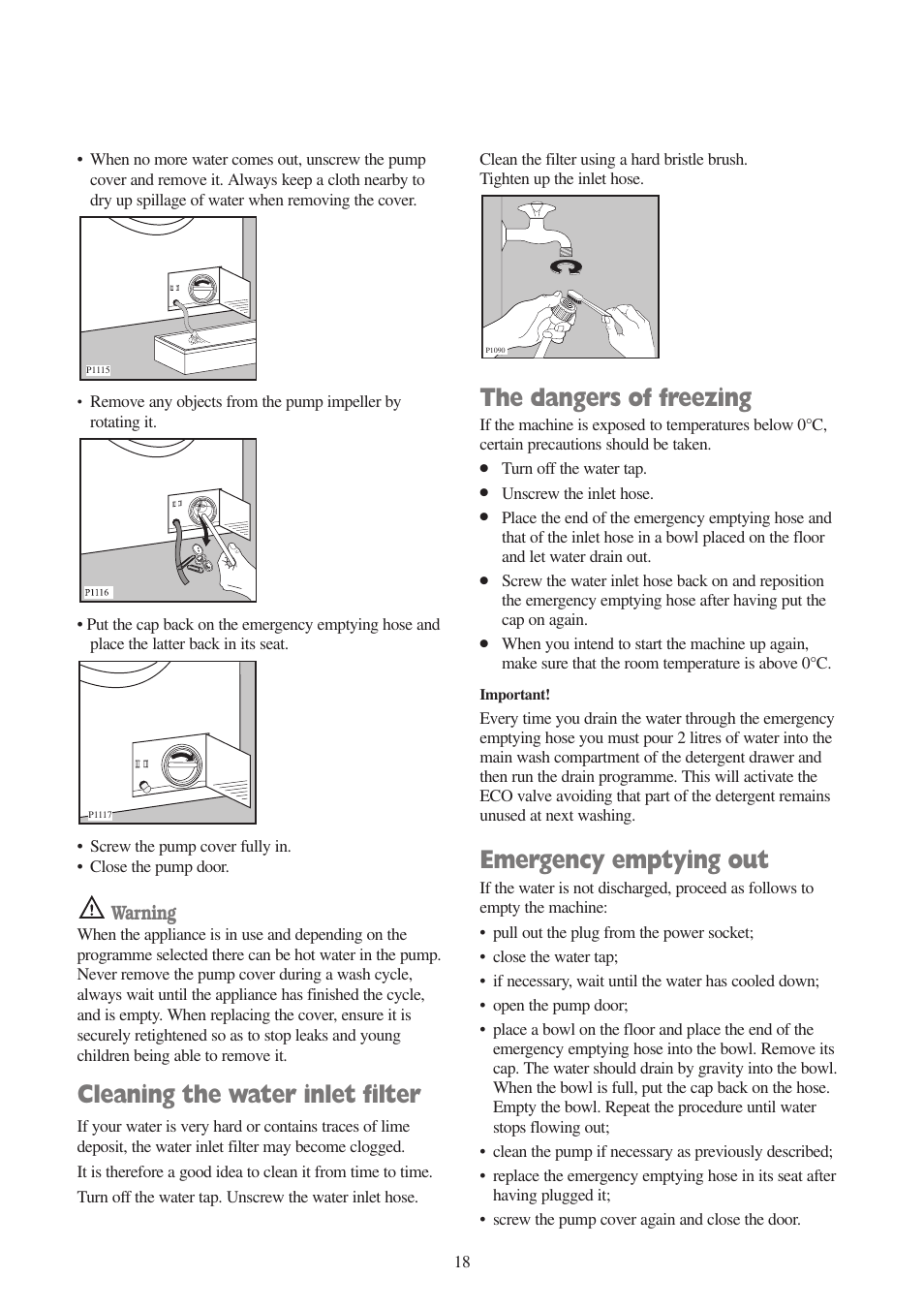 Cleaning the water inlet filter, The dangers of freezing, Emergency emptying out | Warning | Zanussi ZWF 1010 W User Manual | Page 18 / 28