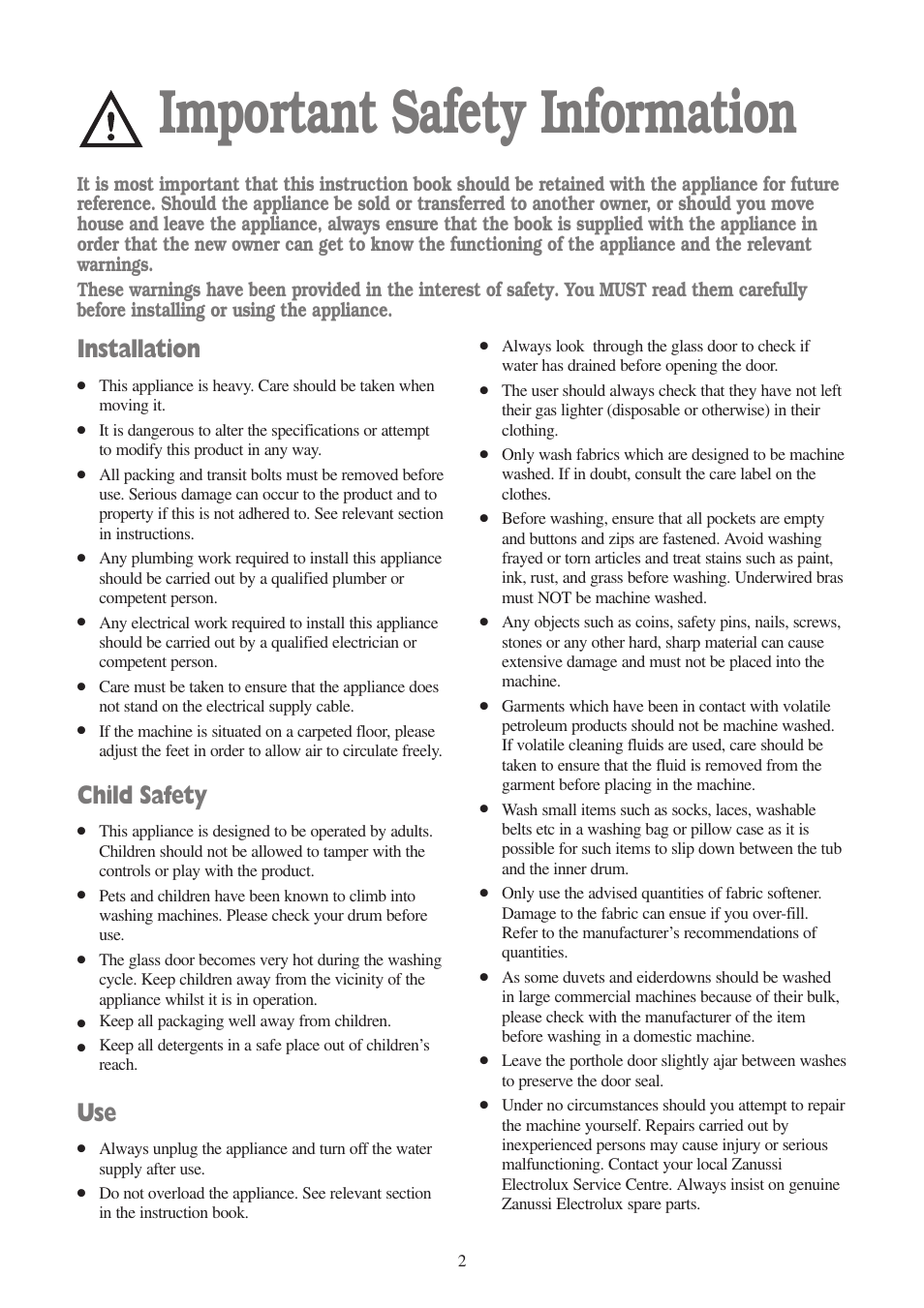 Important safety information, Installation, Child safety | Zanussi ZWF 1010 W User Manual | Page 2 / 28