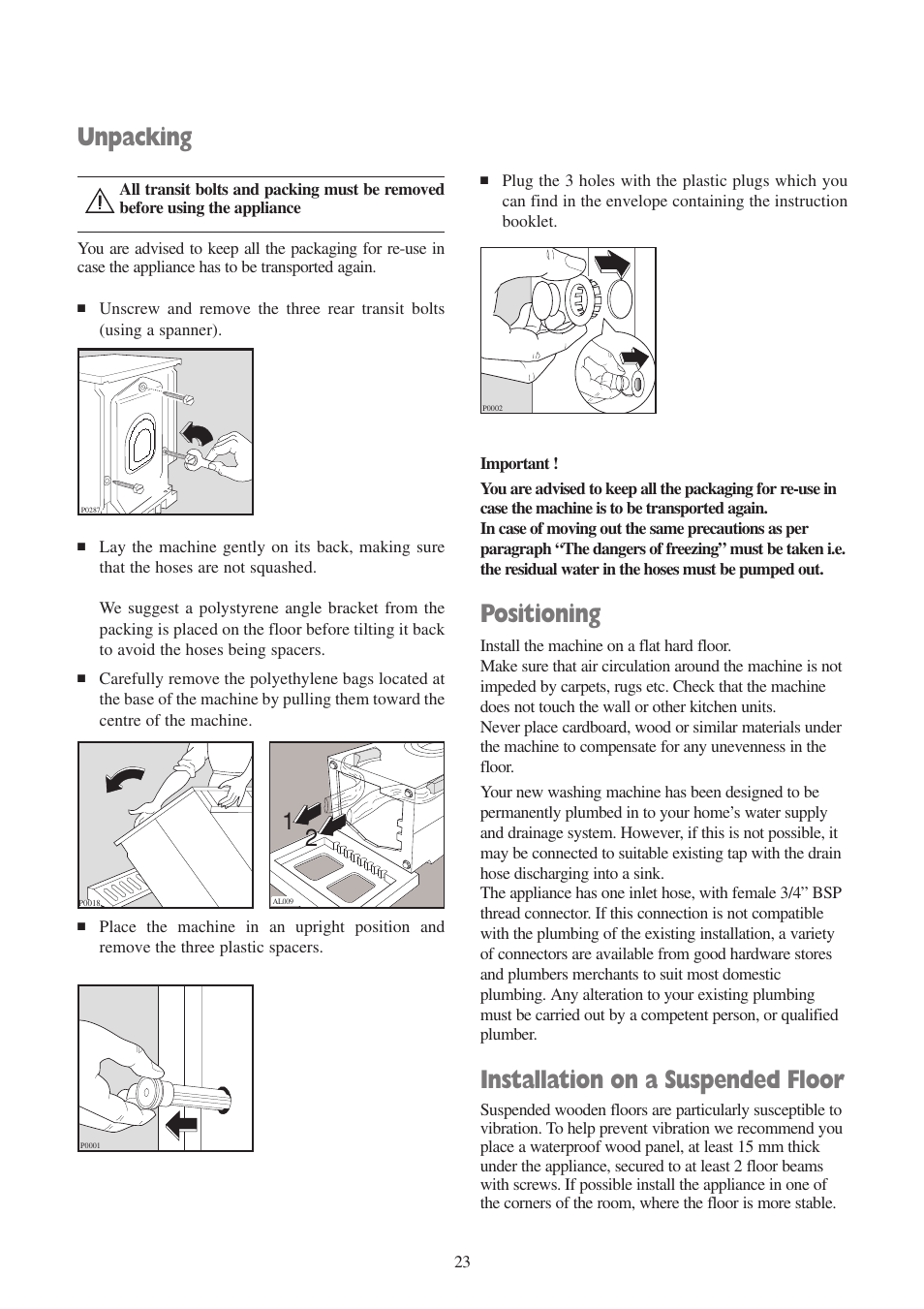 Positioning, Installation on a suspended floor, Unpacking | Zanussi ZWF 1010 W User Manual | Page 23 / 28