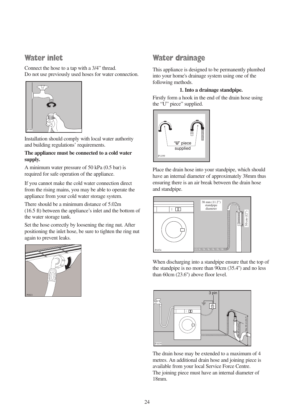 Water inlet, Water drainage | Zanussi ZWF 1010 W User Manual | Page 24 / 28