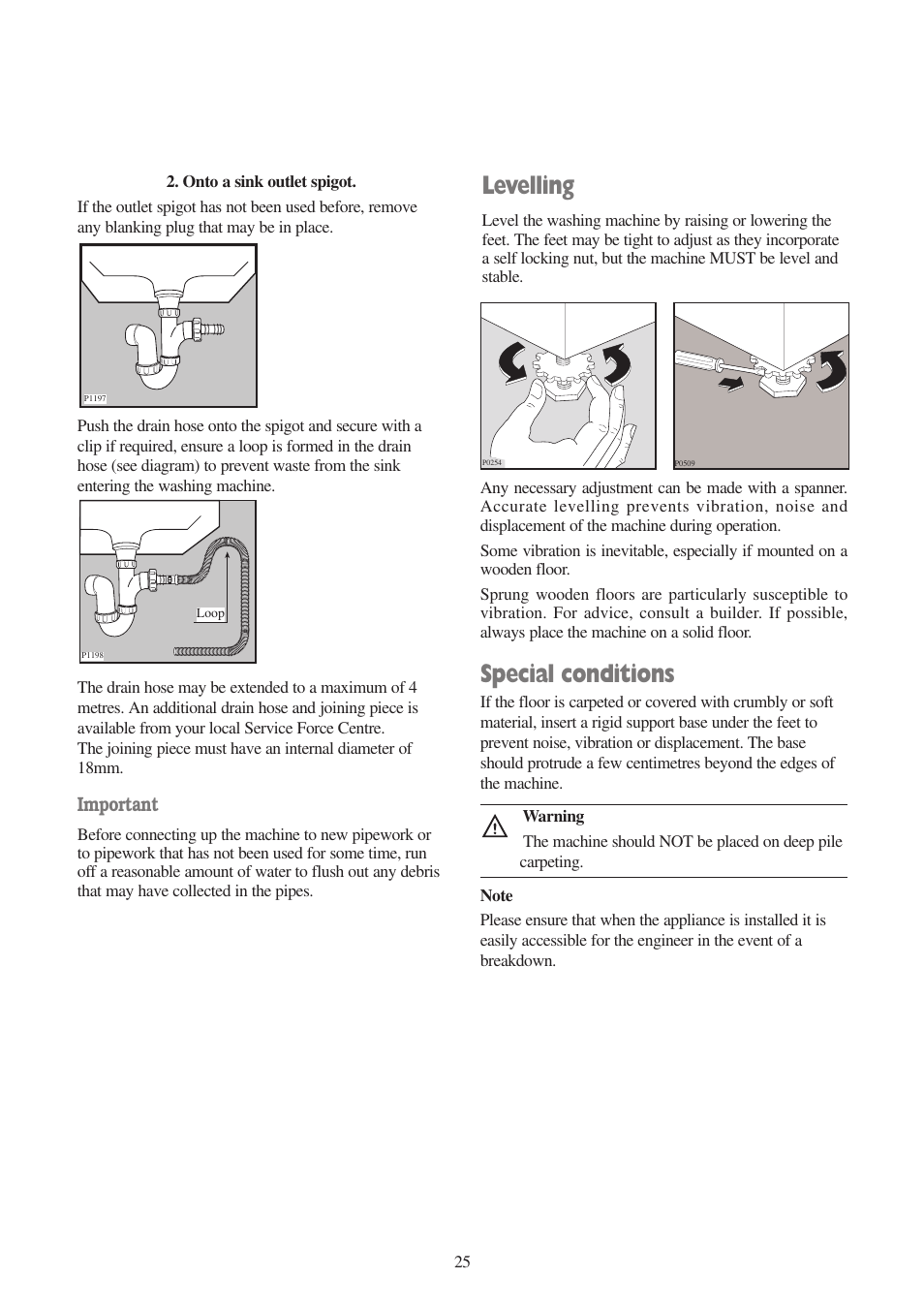 Levelling, Special conditions, Important | Zanussi ZWF 1010 W User Manual | Page 25 / 28