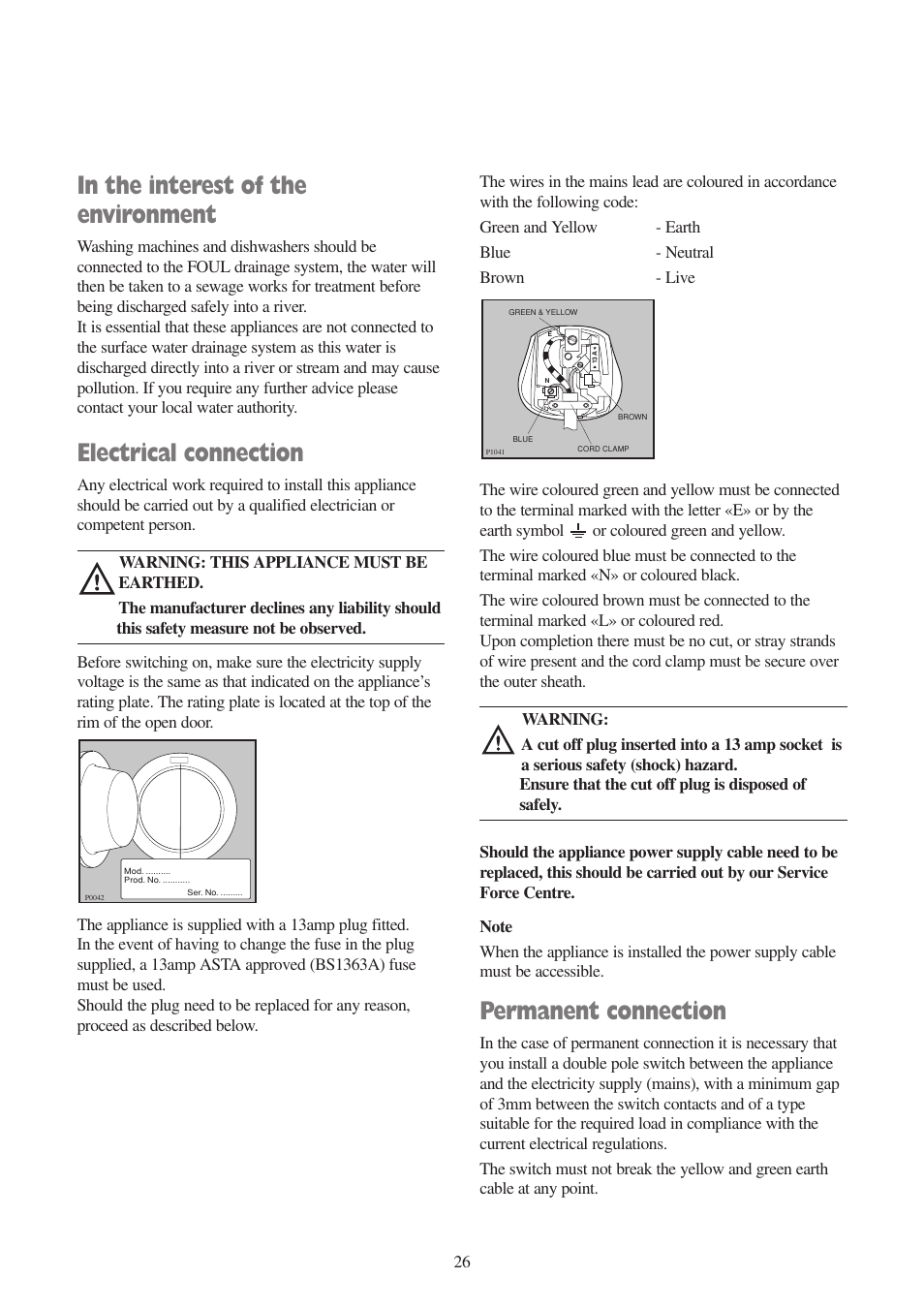 Electrical connection, Permanent connection | Zanussi ZWF 1010 W User Manual | Page 26 / 28