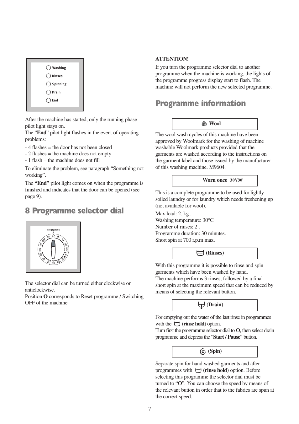 8 programme selector dial, Programme information | Zanussi ZWF 1010 W User Manual | Page 7 / 28