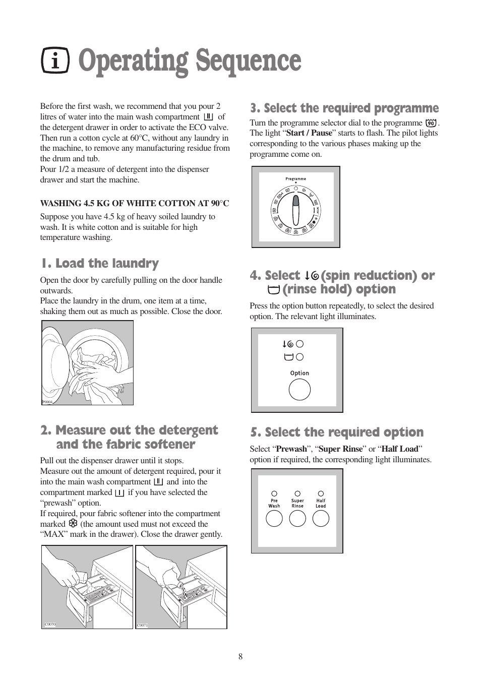 Operating sequence, Load the laundry, Measure out the detergent and the fabric softener | Select the required programme, Select (spin reduction) or (rinse hold) option, Select the required option | Zanussi ZWF 1010 W User Manual | Page 8 / 28
