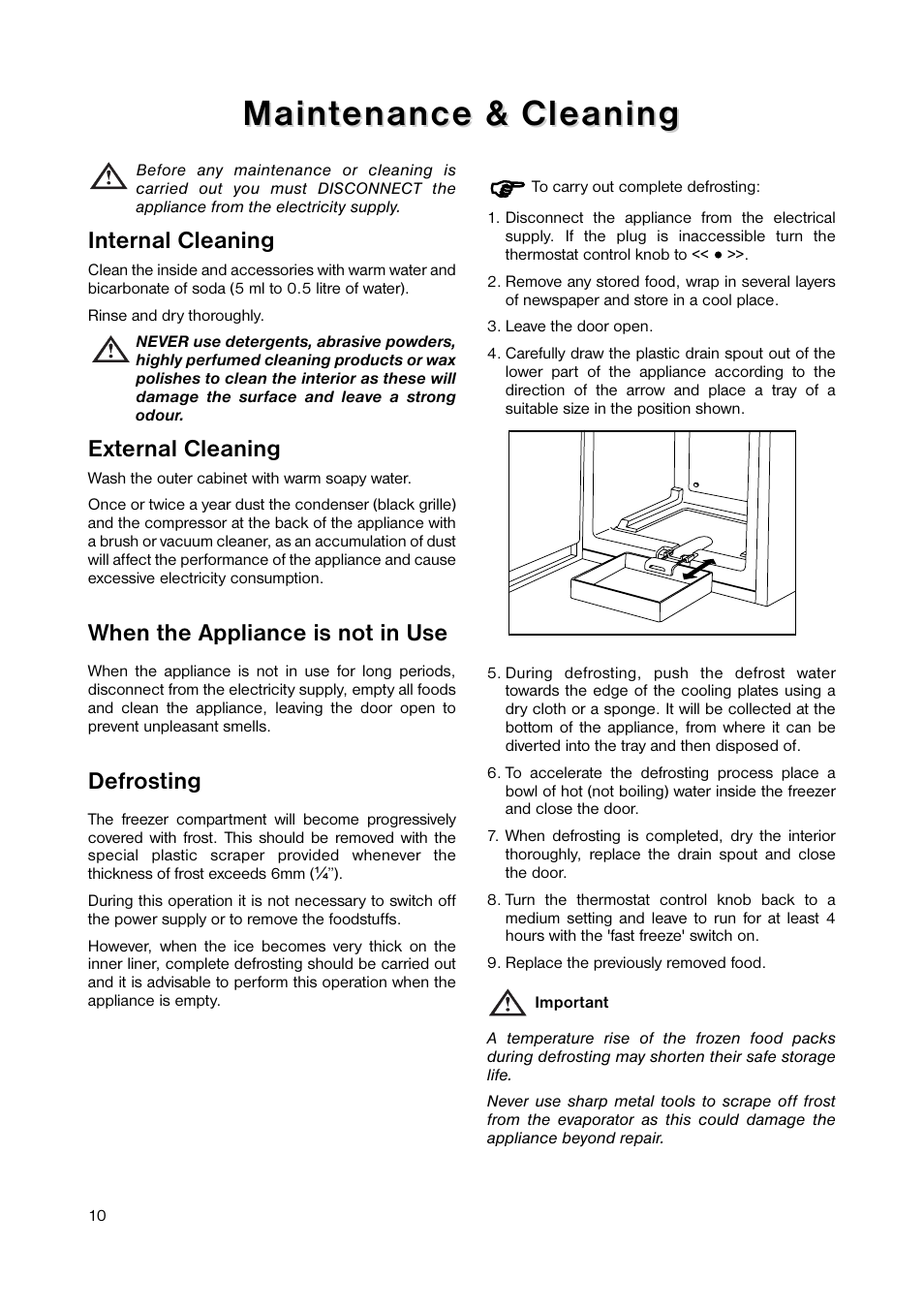 Maint, Maint enance & cleaning enance & cleaning, Internal cleaning | External cleaning, When the appliance is not in use, Defrosting | Zanussi ZUT 125W User Manual | Page 10 / 20