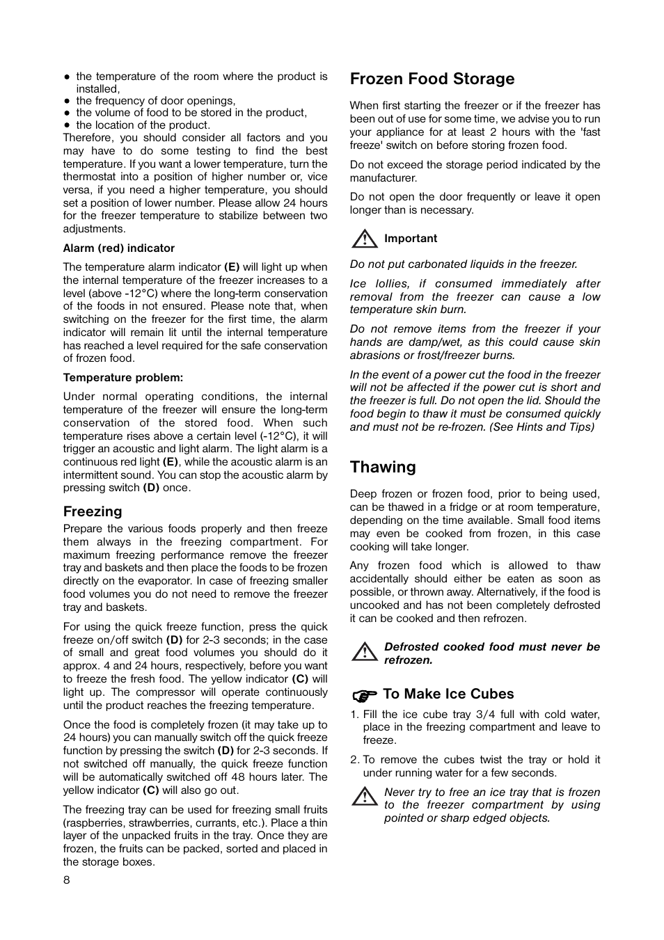 Frozen food storage, Thawing | Zanussi ZUT 125W User Manual | Page 8 / 20