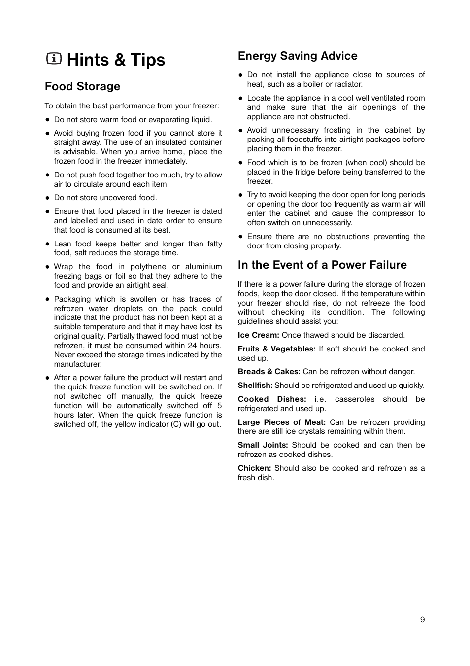 Hints & tips, Food storage, Energy saving advice | Zanussi ZUT 125W User Manual | Page 9 / 20