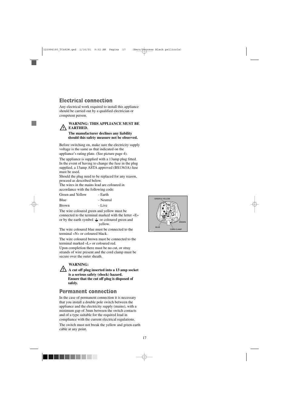Electrical connection, Permanent connection | Zanussi TC 482 W User Manual | Page 17 / 18