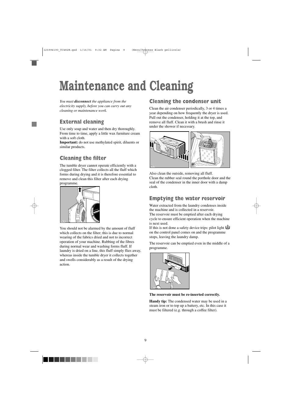 Maintenance and cleaning, External cleaning, Cleaning the filter | Cleaning the condenser unit, Emptying the water reservoir | Zanussi TC 482 W User Manual | Page 9 / 18