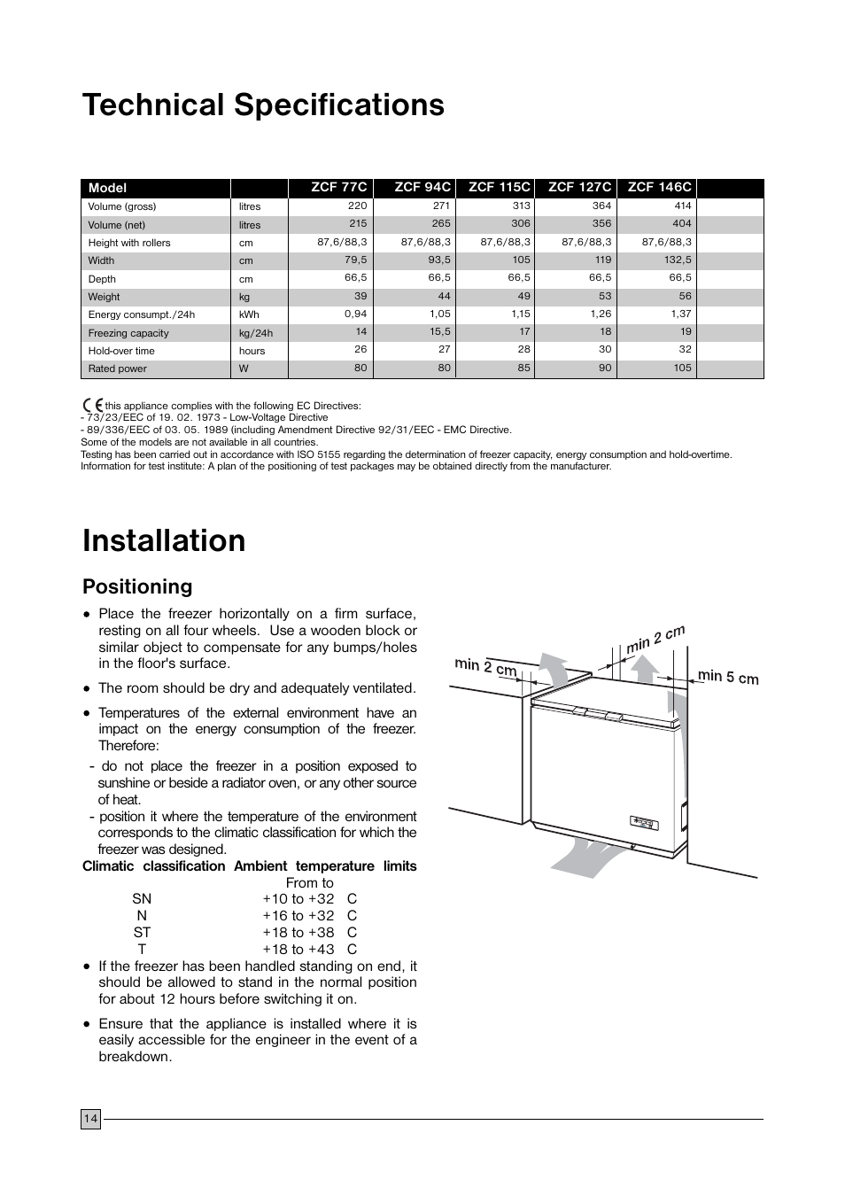 Technical specifications installation, Positioning | Zanussi ZCF 127 C User Manual | Page 14 / 16