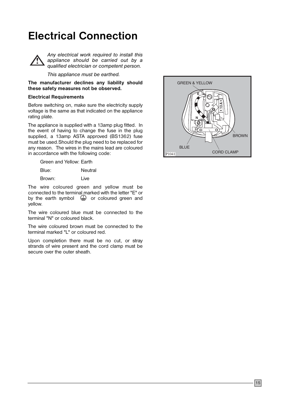 Electrical connection | Zanussi ZCF 127 C User Manual | Page 15 / 16