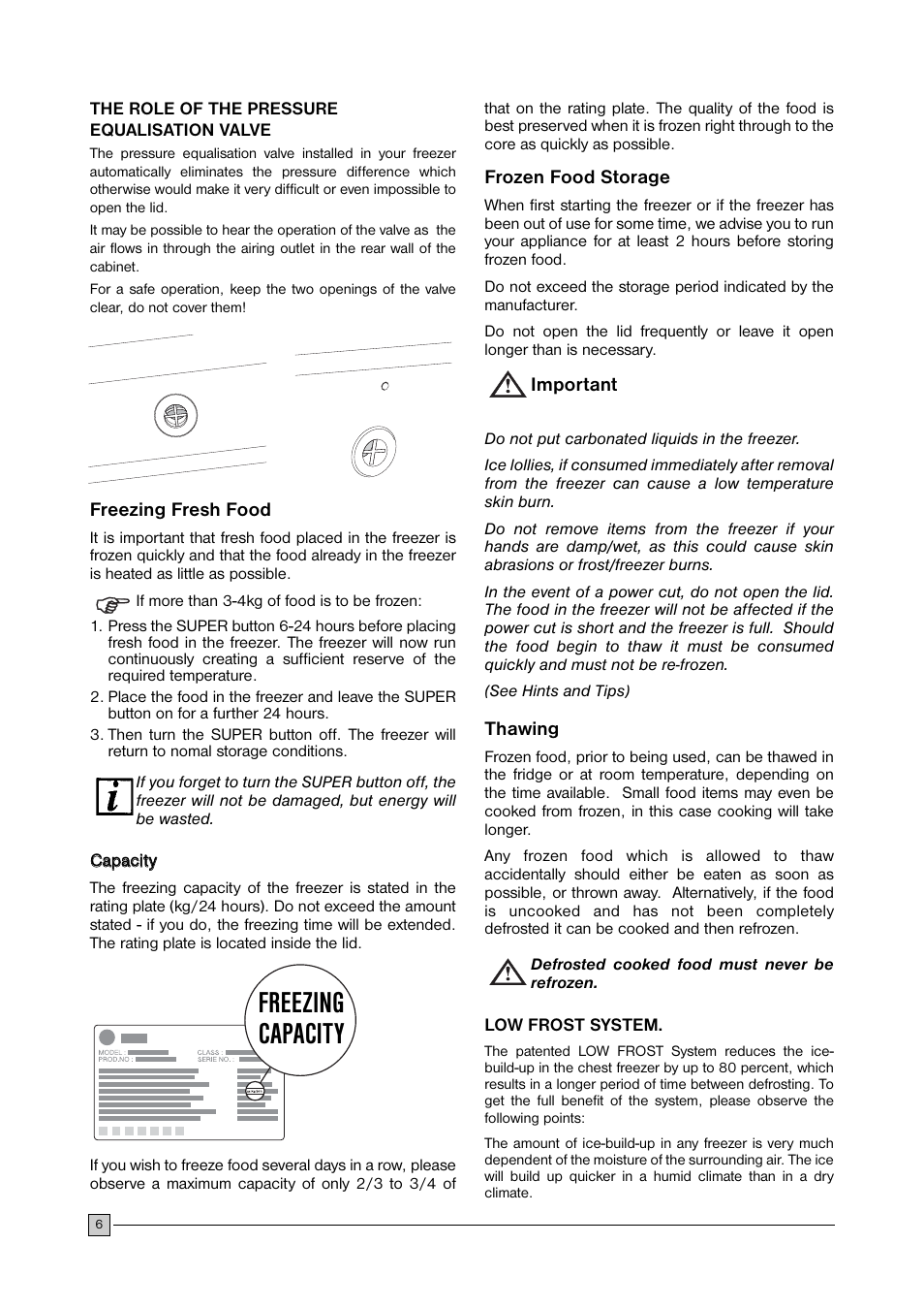 Freezing capacity | Zanussi ZCF 127 C User Manual | Page 6 / 16