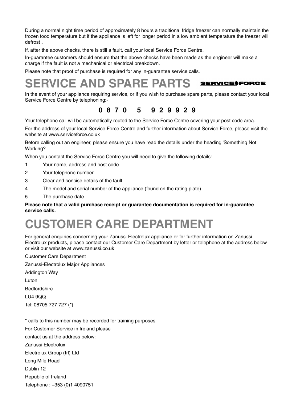 Service and spare parts customer care department | Zanussi ZRB 2530 W User Manual | Page 11 / 20