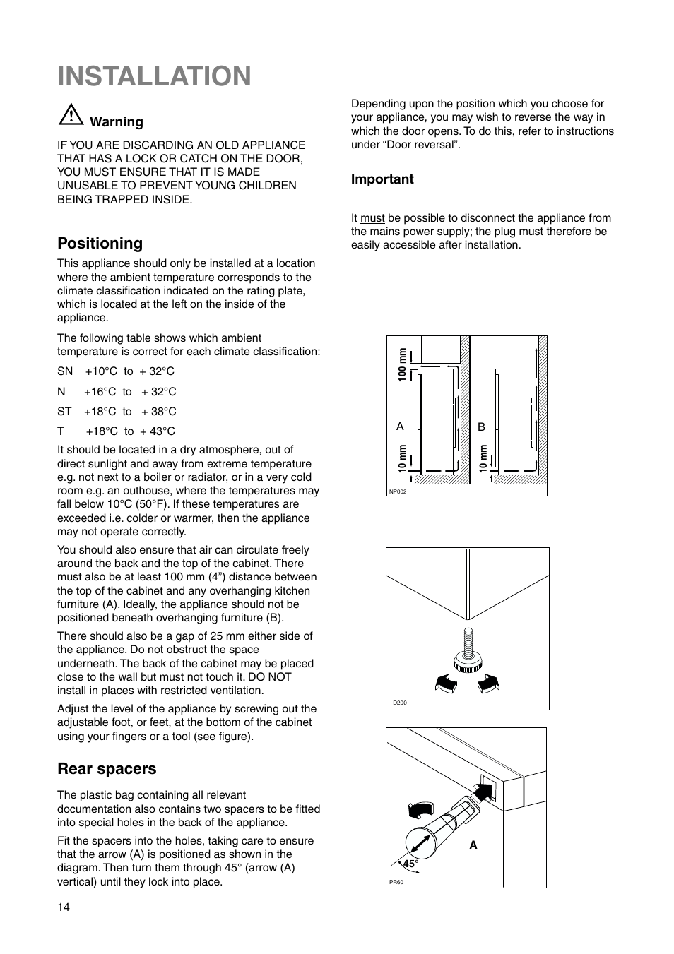 Installation, Positioning, Rear spacers | Zanussi ZRB 2530 W User Manual | Page 14 / 20