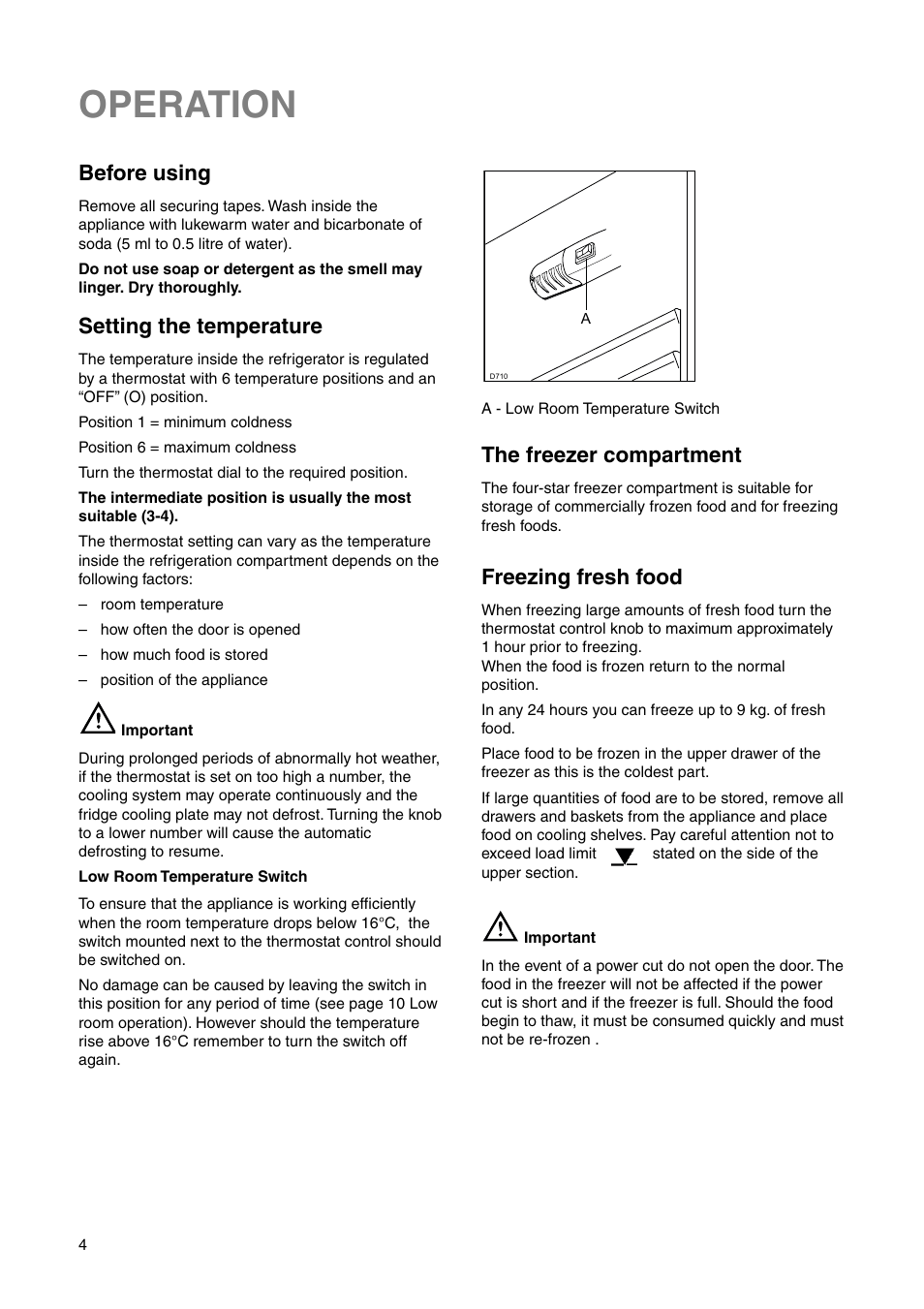 Operation, Before using, Setting the temperature | The freezer compartment, Freezing fresh food | Zanussi ZRB 2530 W User Manual | Page 4 / 20