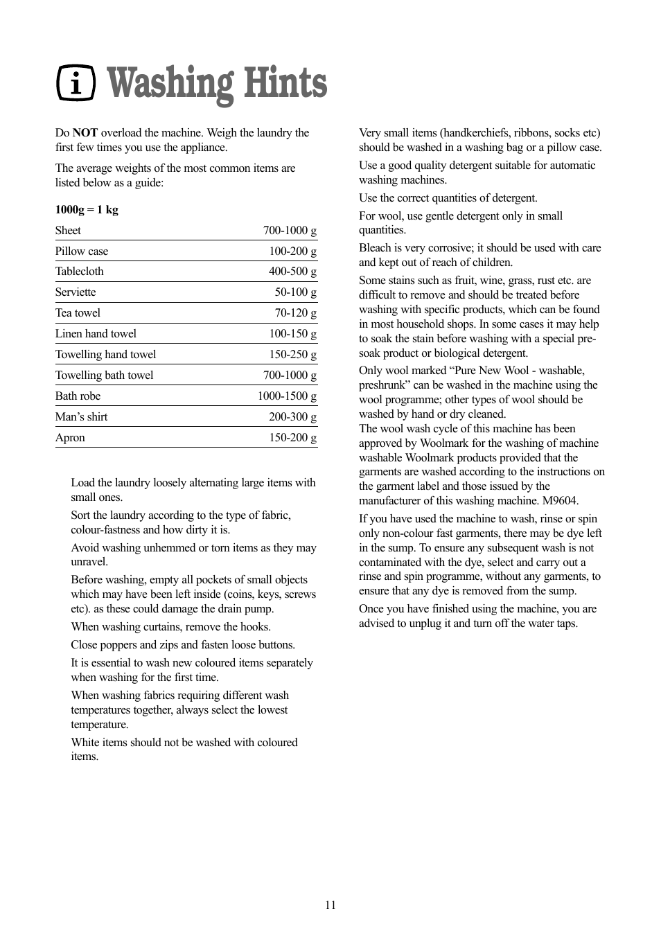 Washing hints | Zanussi ZT 1012 User Manual | Page 11 / 28