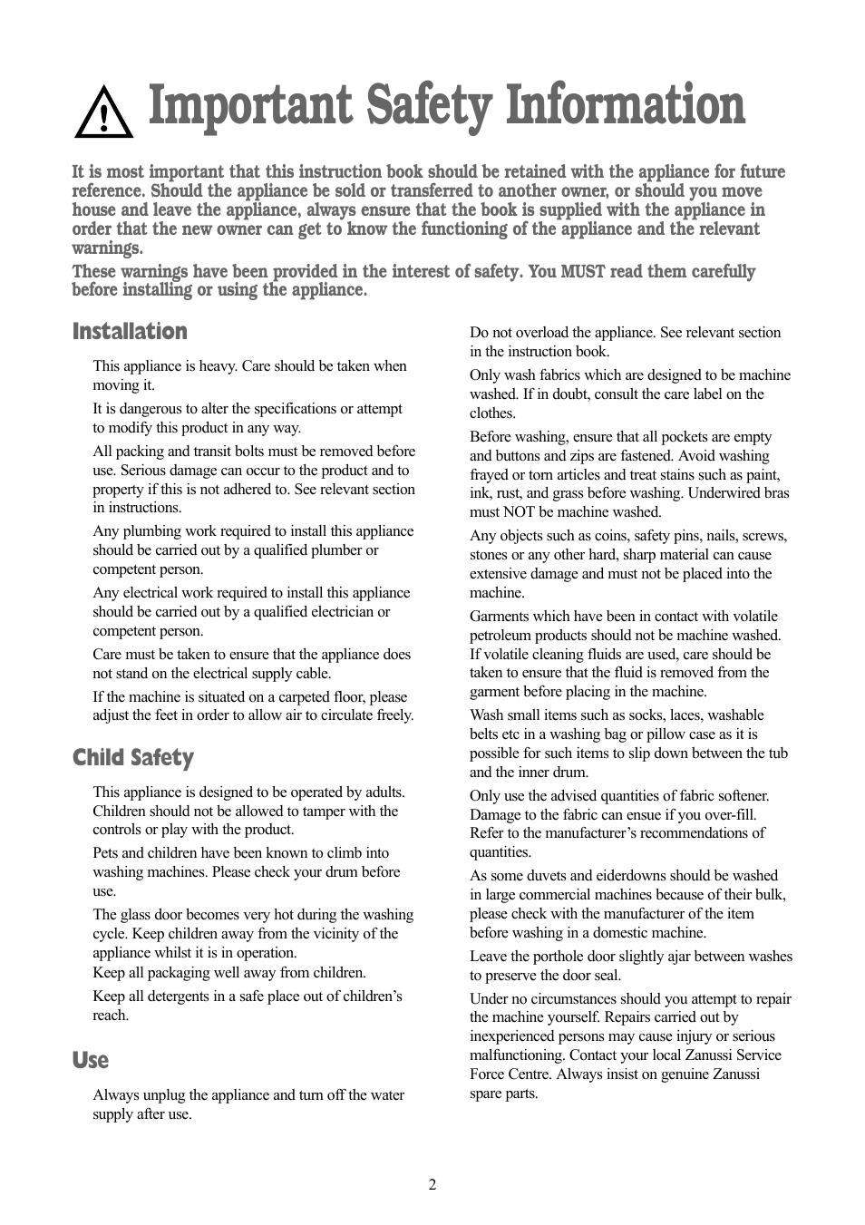 Important safety information, Installation, Child safety | Zanussi ZT 1012 User Manual | Page 2 / 28