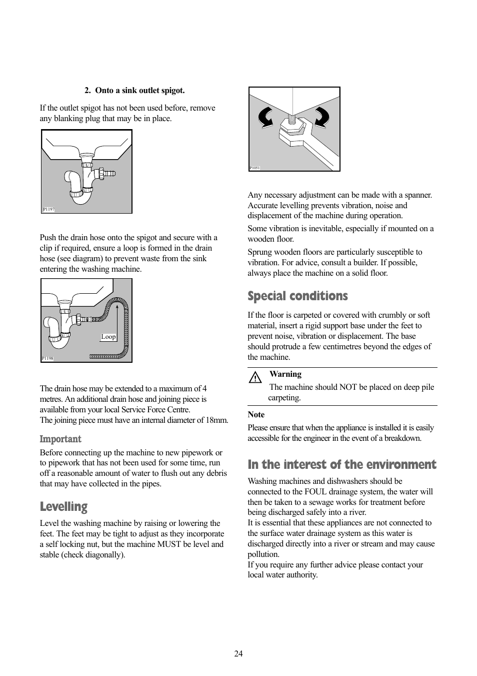 Special conditions, Levelling | Zanussi ZT 1012 User Manual | Page 24 / 28