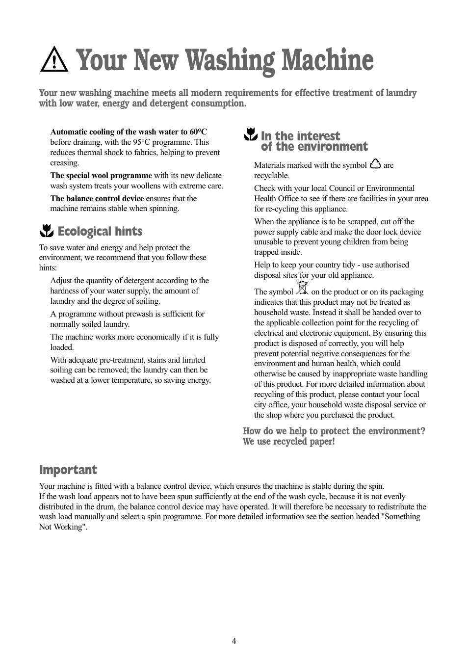 Your new washing machine, Ecological hints, Important | Zanussi ZT 1012 User Manual | Page 4 / 28