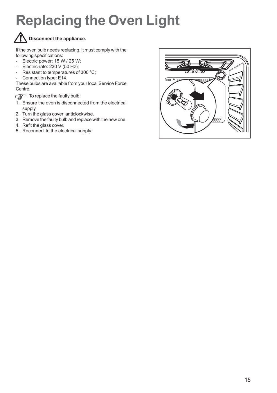 Replacing the oven light | Zanussi ZBF 360 User Manual | Page 15 / 20