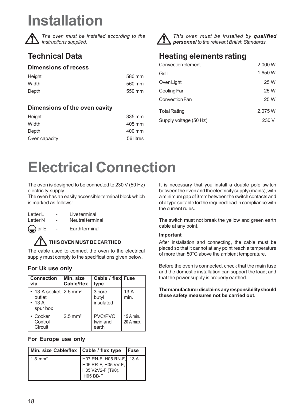 Electrical connection installation, Heating elements rating, Technical data | Zanussi ZBF 360 User Manual | Page 18 / 20