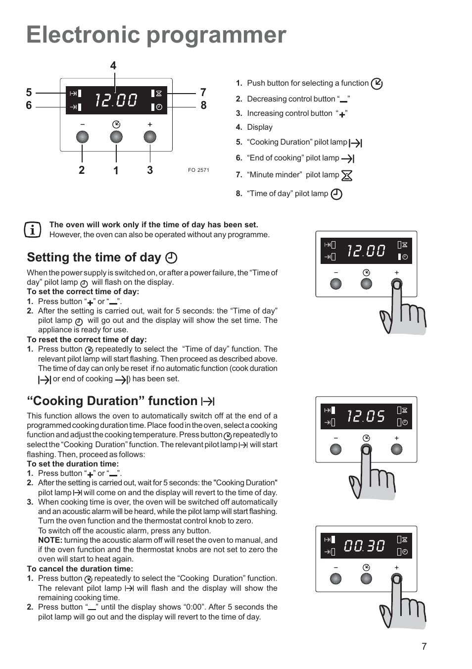 Electronic programmer, Setting the time of day, Cooking duration” function | Zanussi ZBF 360 User Manual | Page 7 / 20